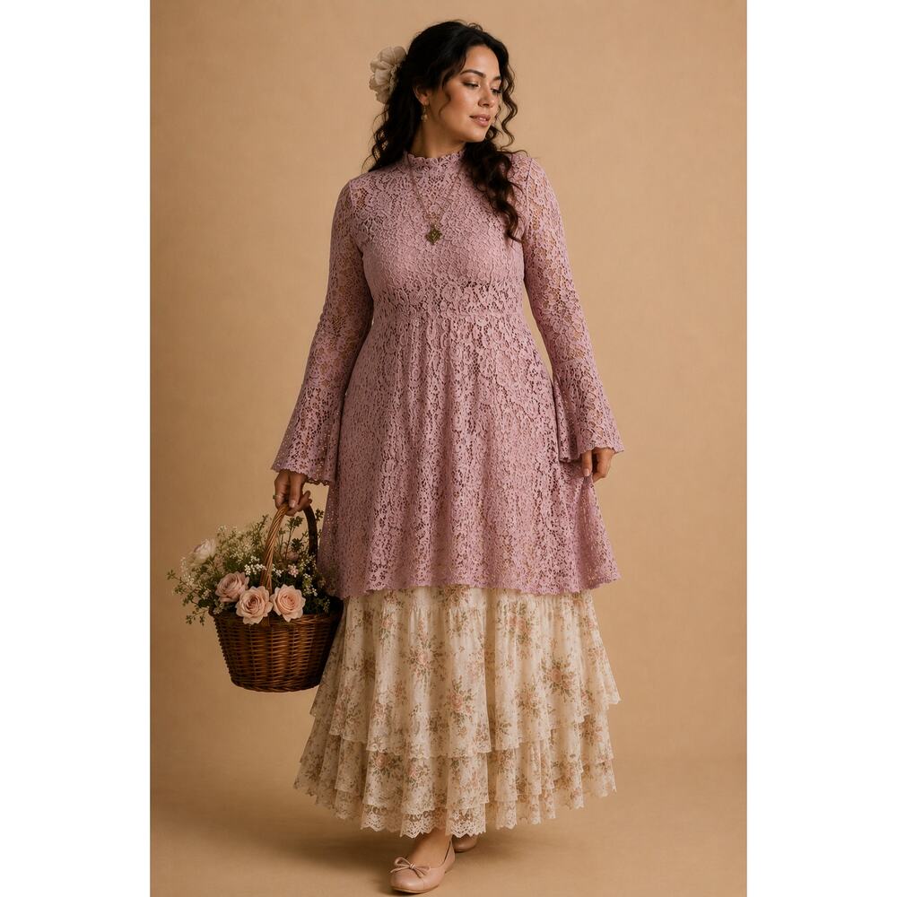 Blush Pink Lace Tunic Top Romantic Cottagecore Boho Large NWT